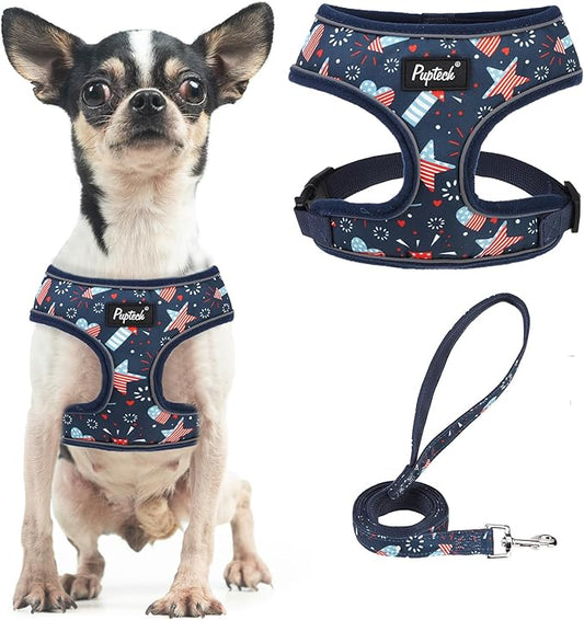 PUPTECK Soft Mesh Dog Harness and Leash Set Pet Puppy Cat Comfort Padded Vest No Pull Harnesses, Independence Dark Blue, S
