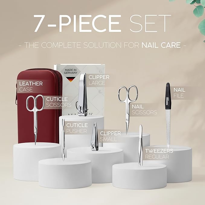 Manicure Set Solingen Made in Germany - 7 Piece Exclusive Finger & Toe Nail Clippers Kit for Women and Men in Real Leather Case, Color Red