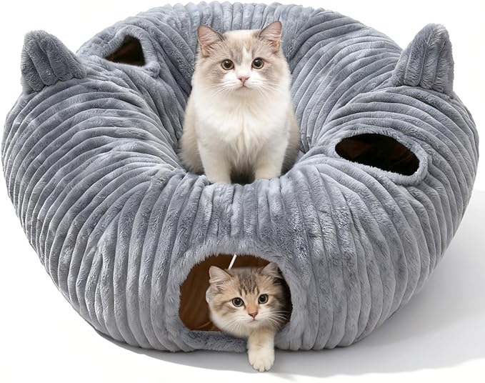 OurWarm Cat Tunnels for Indoor Cats - Round Cat Tunnel Bed with Removable and Washable Circle Cushion, Donut Cats Play Tunnel, Kitten Toys with Ear Sounds for Kitten/Puppy/Rabbit, Grey