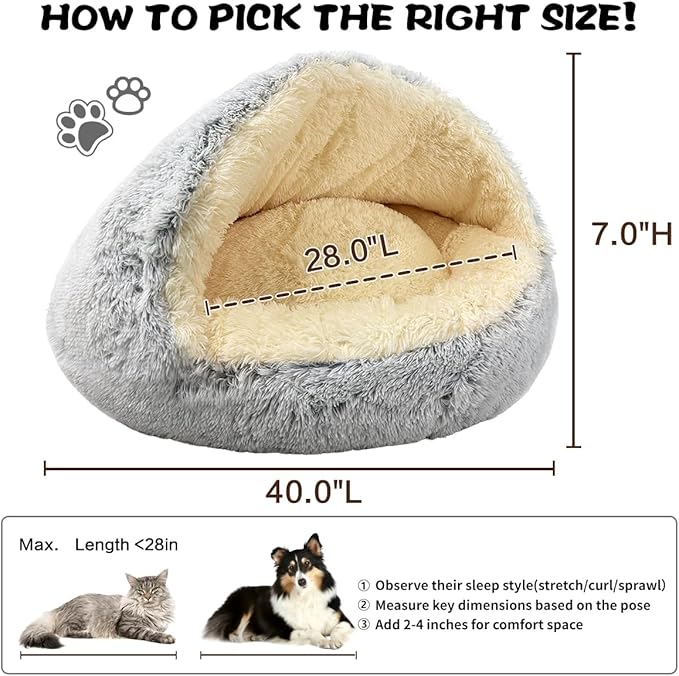 ShinHye Round Plush Fluffy Hooded Cat Bed Cave, Cozy for Indoor Cats or Small Dogs, Waterproof Bottom, Washable（40 in）