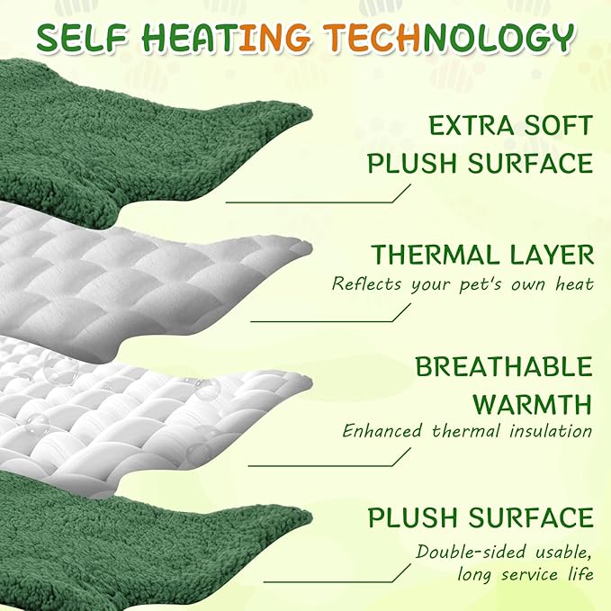 3 Pack Self Warming Cat Dog Bed Leaf Shape Self Heating Pet Mat Non Electric Washable Thermal Sleeping Pad Plush Heated Pet Mat for Crate Floor Indoor Outdoor(Dark Green,Small-16 x20)