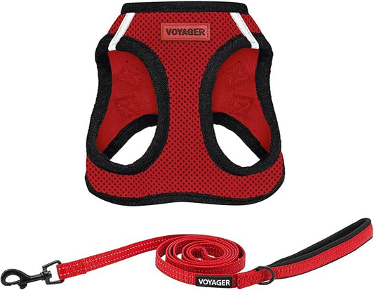 Voyager Step-in Air All Weather Mesh Harness and Reflective Dog 5 ft Leash Combo with Neoprene Handle, for Small, Medium and Large Breed Puppies by Best Pet Supplies - Red/Black Trim, Medium