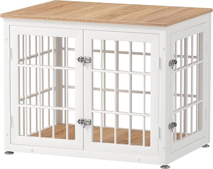 32 Inch Heavy Duty Dog Crate Furniture for Medium and Small Dogs, Decorative Pet House End Table, Wooden Cage Kennel Furniture Indoor, Natural and White