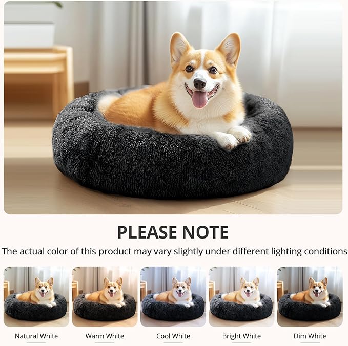 JOLLYVOGUE Calming Dog Bed for Small Dogs - 23 inches Donut Washable Small Dog Bed for Kittens & Puppies, Anti-Slip Round Fluffy Plush Faux Fur Cat Beds (Fits up to 25 lbs Pets, Black)