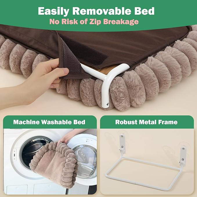 Zakkart SnugCloud Foldable Cat Window Perch - Cordless, Ultra Soft Machine Washable Bed with 4-Sided Bolster, Metal Frame - Window Hammock for Large Cats and Kittens (Brown, Large)