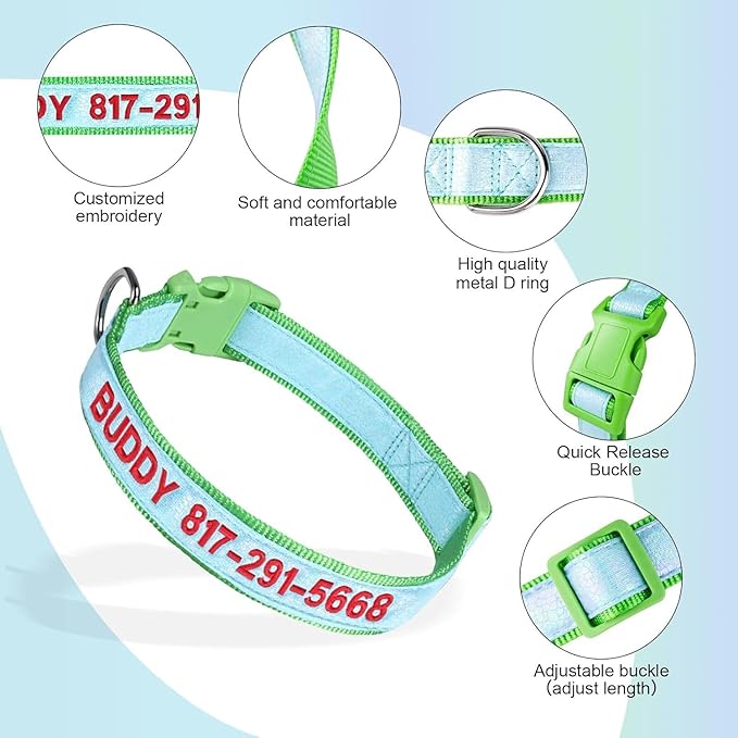 Personalized Reflective Dog Collars, Custom Glowing Luminous ID Collar Embroidered Name and Phone Number 4 Adjustable Sizes X-Small Small Medium Large for Boy and Girl Dogs (Fluorescent Glow)