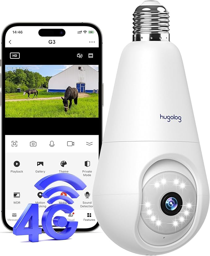 Hugolog 4G LTE Cellular Light Bulb Security Camera,360°2K Security Cameras Wireless Outdoor Indoor 4MP Full Color Day and Night,Motion Detection, Audible Alarm,Easy Installation,Compatible with Alexa