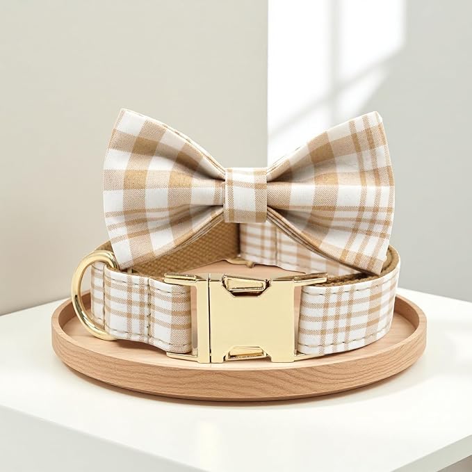 PETDURO Personalized Dog Collar Brown Plaid for Large Medium Dogs | Engraved Name and Phone Number on Gold Metal Buckle for Boys & Girls | Add Leash & Bow Tie via Customize Now