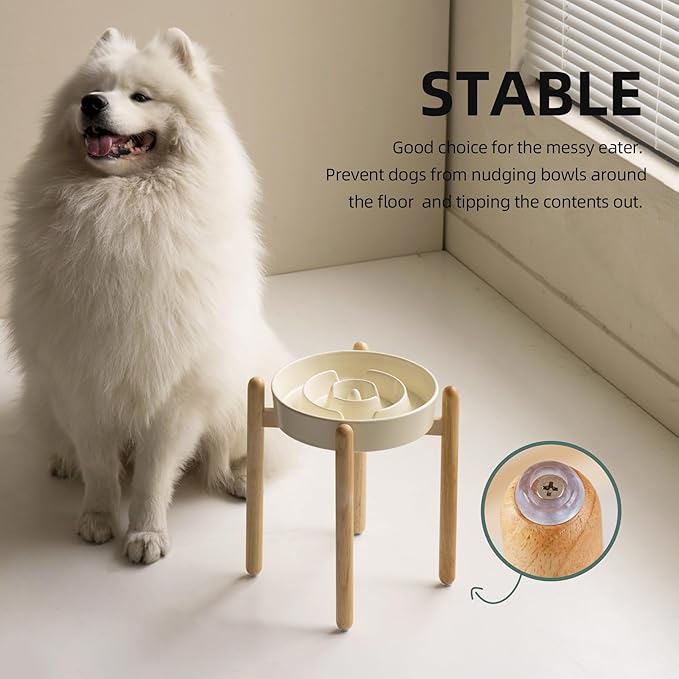Ceramic 3.2 Cup Raised Slow Feeder Dog Bowl Set, Elevated Bowl with Wooden Stand for Large Dog, 9.5inch Puzzle Slow Pet Food Dish, Anti-Gulping(Beige, Single Bowl+ Stand)