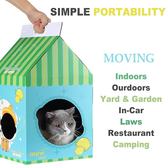 Cardboard Cat House with Scratcher – Blue Lemon Milk Carton Design, 22.5''H x 13''L x 13''W, Indoor Cat Playhouse & Hideout for Cats up to 16 lbs, Portable Handle, Corrugated Scratch Pad