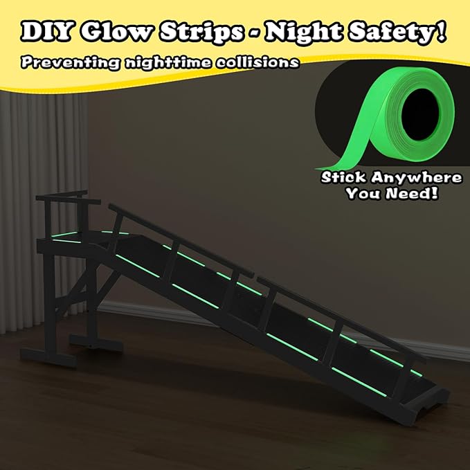 25" Height Dog Ramp for Bed, 73" Long Large Pet Ramp with Non-Slip Surface, Wooden Dog Ramp with Removable Rail & Rest Platform, Also as Dog Stairs for Small Senior Dogs with Glow Strips, Black