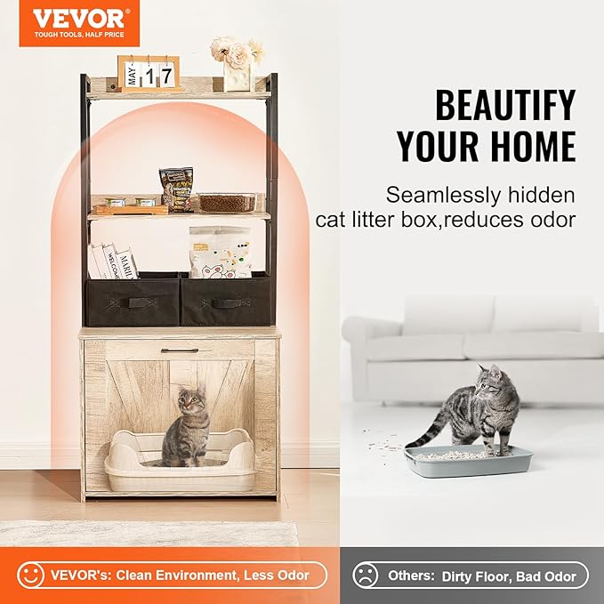 VEVOR Cat Litter Box Enclosure, Hidden Litter Box Furniture with 2 Storage Shelves & 2 Baskets, Wooden Cat Washroom Indoor, Cat House Cabinet Fit Most of Litter Box, 23.6"L x 19.7"W x 50"H, Natural