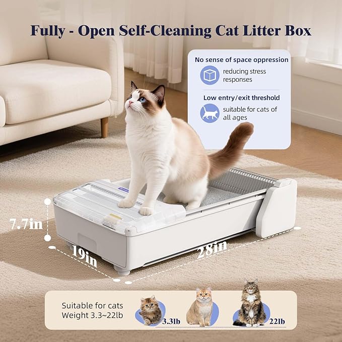 Self Cleaning Cat Litter Box - Fully Open Automatic Litter Box with Roomy Space+Vis Waste Bin, APP for Mutil Cats, Weight Sensors Anti Pinch Safety, Inlude 5Lb Compatible Cassva Litter