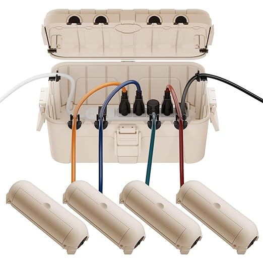RESTMO 5-Piece Outdoor Waterproof Electrical Box Set – 12.5" x 8.5" x 5" Large & 7.1" x 2.3" x 2.3" Small, Weatherproof Boxes for Power Strip, Outlet, Plug, Socket, Timer, Holiday Light, Almond