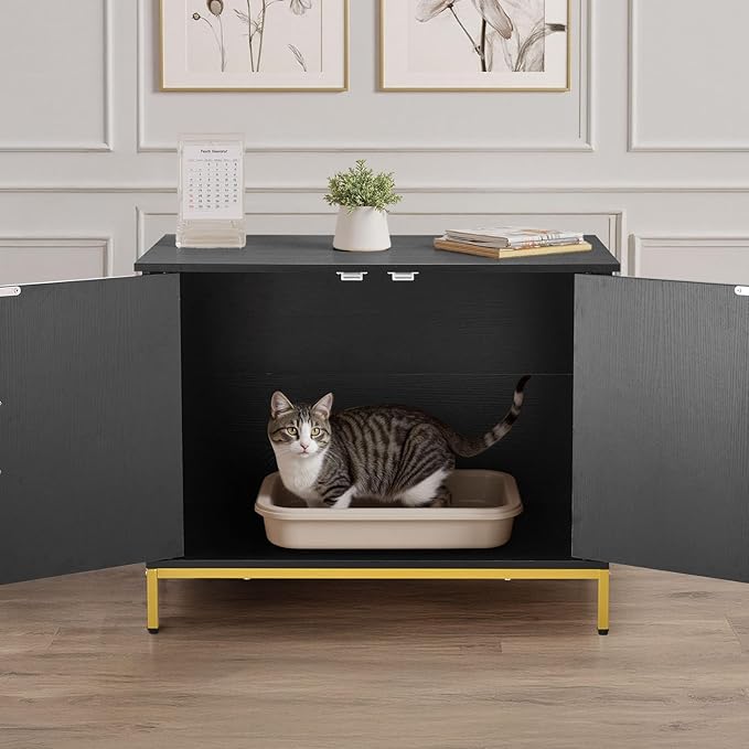 VEVOR Cat Litter Box Enclosure Furniture, 27.6 in Hidden Litter Box Cabinet with Metal Legs & Handle, Modern Style Cat Washroom House End Table, Fit Most of Litterbox, for Bedroom Living Room