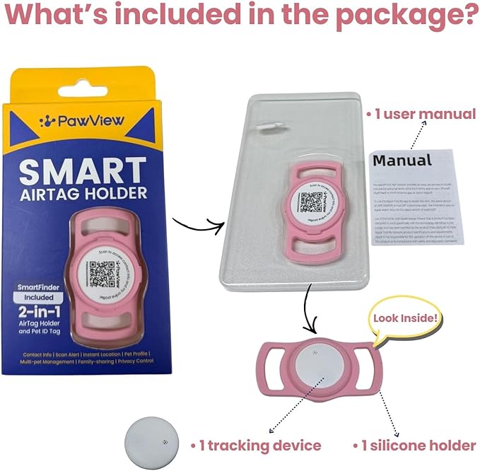 Smart Pet Tracker for Collar - Dog Trackers Location for Pet with Holder, No Monthly Fee, Real-Time Tracking, iOS Only, Emergency Contact, Long-Lasting, Anti-Lost Tracker for Cats, Bag Straps,Pink