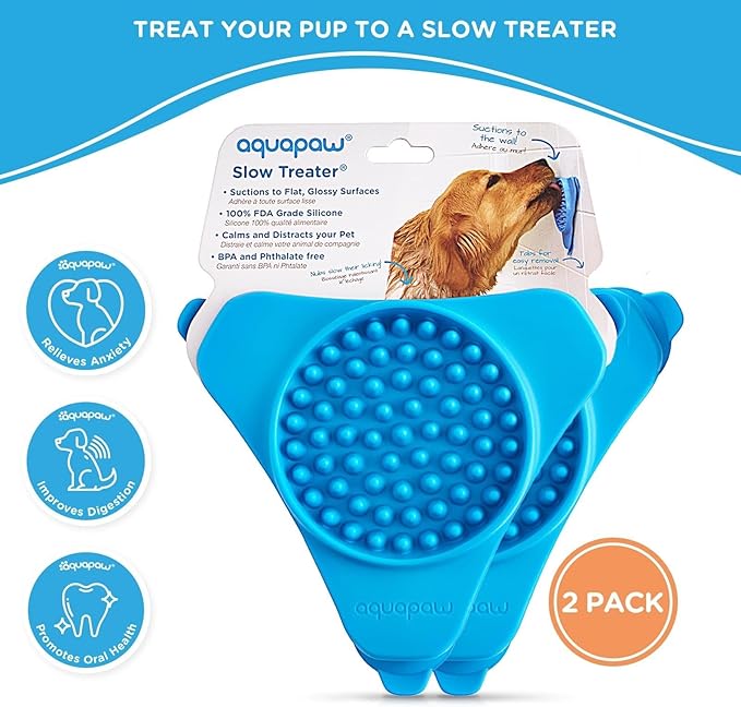 Aquapaw Suction Cup Lick Mat for Dogs - Bath Time Lick Mat for Bathtub - Mental Stimulation Slow Feeder Pad - Peanut Butter Treat Holder - 2-Pack, Regular, Blue