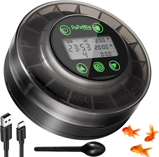 Automatic Fish Feeder for Aquarium - Auto Fish Food Dispenser for Turtle Tank with USB Cable, LCD Display, Timer, Fish Feeder for Vacation Weekend Holiday, with Feeder Spoon