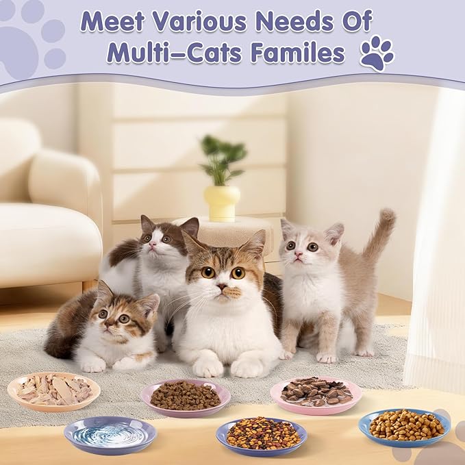 6 Pack Ceramic Cat Bowls, Cat Food Bowl, Anti Whisker Fatigue Cats Bowl Set, 6 Inches Shallow Wide Kitten Plates for Food and Water，Durable Wheat Straw Cats Bowls