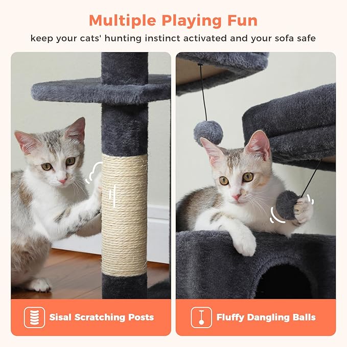 Cat Tree, 52.4 Inch Multi-Level Cat Tower for Indoor Cats with Dual Padded Top Perches, 2 Condos & Scratching Posts, Plush Cat Furniture for Kittens and Medium Cats, Dark Grey