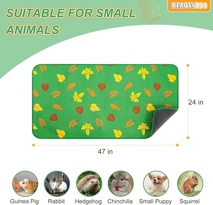 BEAUTYZOO 2 Pack Guinea Pig Bedding Washable, Reversible Guinea Pig Fleece Cage Liners, Waterproof Reusable & Anti Slip Pee Pad, Super Absorbent Mat for Rabbit Bunny Hamster Rat- 24"x47" Green