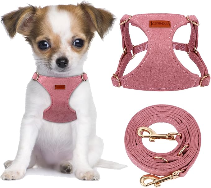CHEDE No Pull Puppy Harness and Multifunction Dog Leash Set- 8 Colors Soft Adjustable No Choke Escape Proof Cute,Lightweight Pet Vest Harness for Small and Medium Dog (XXS, Antique Pink)