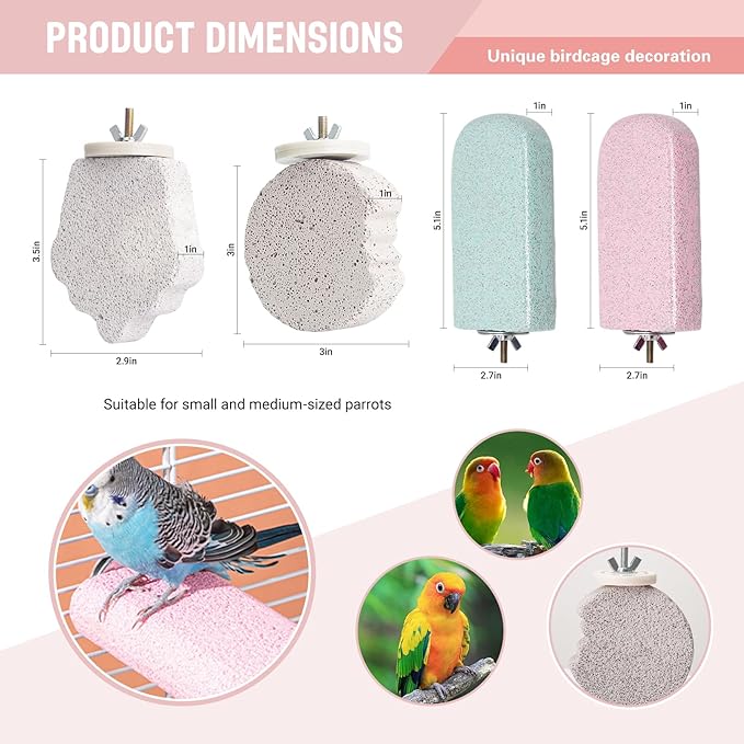 4PCS Bird Beak Grinding Stone,Parrot Cage Perch Stand Platform Foot Claws Trimmer Chewing Toys,Washable Cage Furniture for Small Medium Bird,Budgies, Parakeets, Cockatiels, Conures(Pumice)