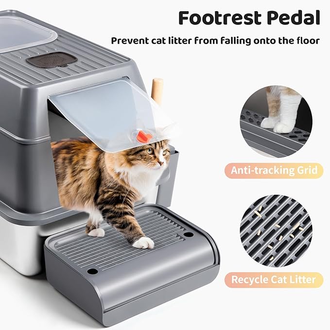 Stainless Steel Litter Box with Lid, XXL 23.6"L x 15.7"W x 15.7"H Enclosed High Sided Removable Metal Cat Litter Box with Top Entry, Scoop, Anti-Leakage, Non-Sticky, Easy Cleaning (Dark Grey)