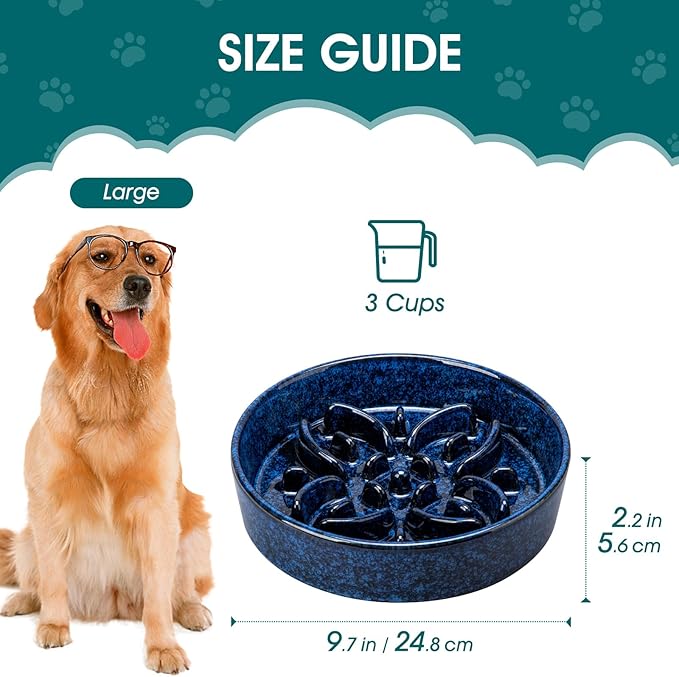 vancasso Ceramic Slow Feeder Dog Bowls, Puzzle Dog Food Bowls with Floral Maze, Anti -Slip Pet Food Dish for Large Breed, 3 Cups, Blue