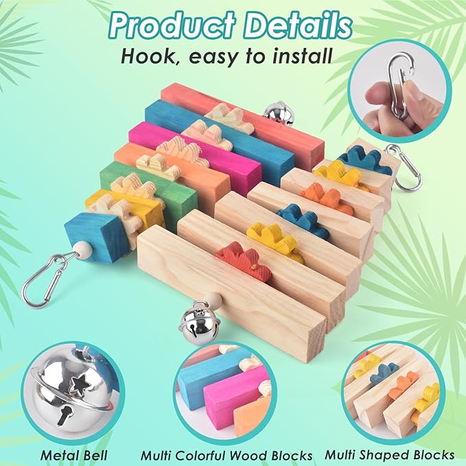 2 Pcs Bird Toys for Parrots, Colorful Natural Large Parrot Toy Hanging Chew Wood Block with Bell for Medium to Large Cockatiels, Conures, African Greys, Amazon