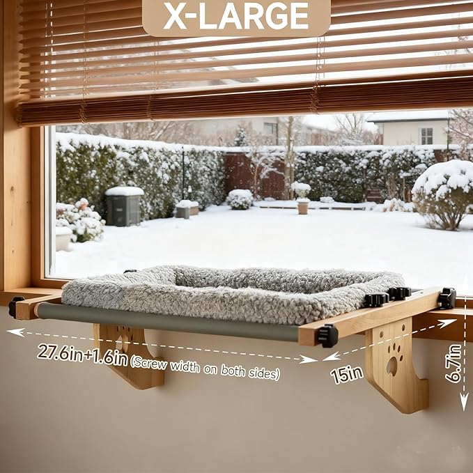 Cat Window Perch - Drill-Free Adjustable Sill Hammock, Sturdy Wood & Metal Frame, Washable Non-Slip Bed Cover, Easy Install for Indoor Cats & Multi-Cat Families (Grey,XL)