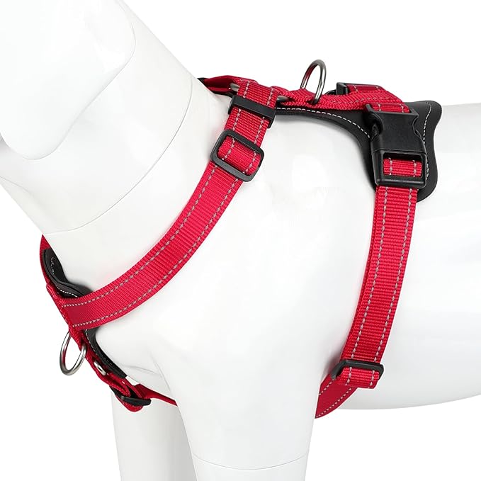 Plutus Pet Adjustable No Pull Dog Harness with Leather Accents, Heavy Duty Reflective Nylon Vest for Training, Hiking, Easy Walk Harness for Small, Medium, Large Dogs (Red, M)
