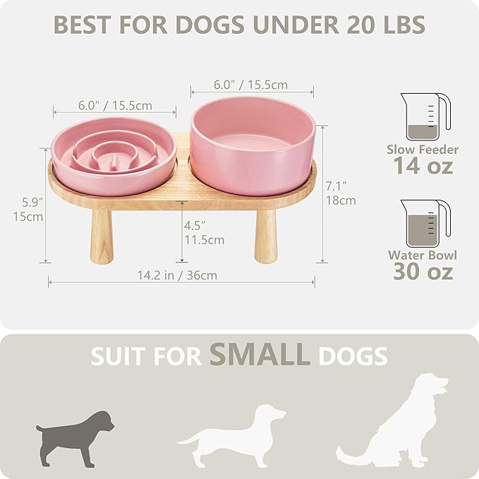 Ceramic Slow Feeder and Water Bowl Set for Small Dogs, 6.0inch Ceramic Dog Bowls Elevated with Wooden Stand, 0.6 Cups Dog Slow Feeder(14oz) and 30oz Water Bowl Set, Pink