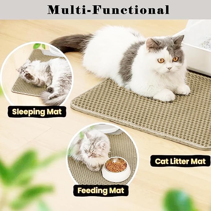 HCY&WLD Cat Litter Mat, Honeycomb Double Layer Cat Litter Trapping Mat, Waterproof Urine Proof Non-Slip, Scatter Control, Less Waste, Easier to Clean (Beige, 35" X 24")