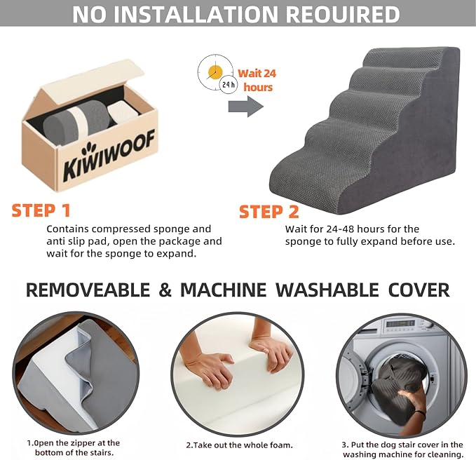5 Step Pet Stairs Ramp for High Beds Sofas 23-30 Inch with Sturdy Non Slip Waterproof Pads, Machine Washable Cover Indoor Balanced Design for Cats Dogs Small Medium Large XL Pets Grey Large
