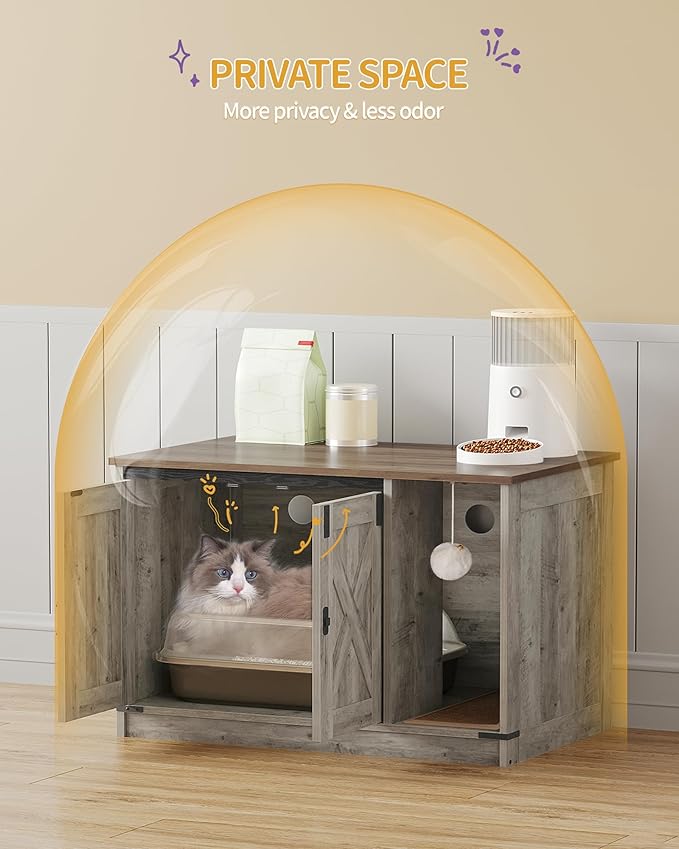 Cat Litter Box Enclosure, Hidden Litter Box Cabinet Furniture with Bell, Indoor Cat House, Farmhouse Style, 31.5 x 19.7 x 20.9Inches, for Hallway, Bedroom, Light Ivory and Brown CB82405X