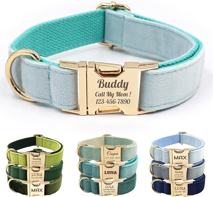 Velvet Personalized Dog Collar with Name - Customizable Dog Collar with Quick Release Metal Buckle - Leash and Bow Tie Available (Columbia Blue, S)