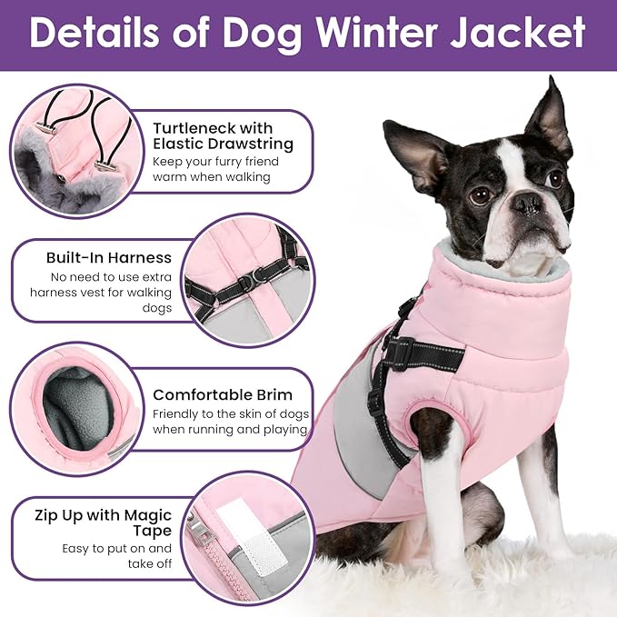 SUNFURA Small Dog Coat with Harness Built in, Warm Dog Jacket Winter with Zipper On Back, Waterproof Pet Snow Jacket Snowsuit Pet Sweater Clothes for Puppy, Pink XS
