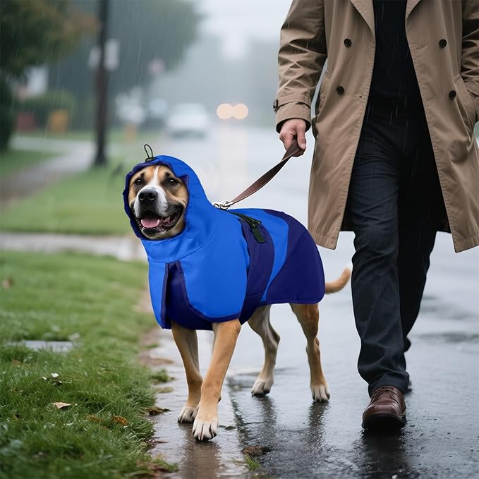 BRKURLEG Dog Raincoat Adjustable Dog Rain Jacket with Hood Dogs Waterproof Rainproof Jacket with Leash Hole Pet Poncho Rain Coat Poncho with Reflective Strip, Blue, S