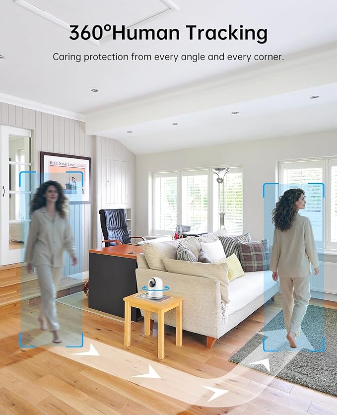 5MP Indoor Security Camera, 3K Pan-Tilt WiFi Surveillance Camera with AI Motion Detection, Human Tracking, Color Night Vision, 2-Way Audio, Bluetooth Setup, No Subscription, for Baby/Pet/Home