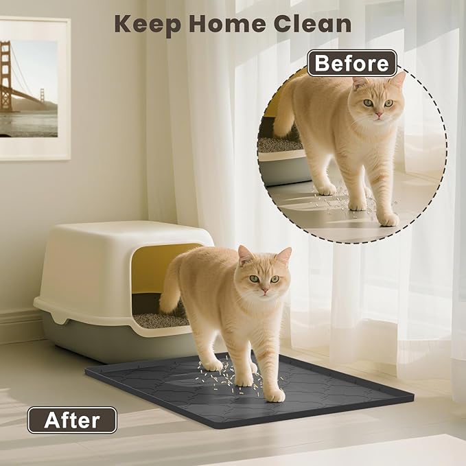 Cat Litter Mat, 28" X 22" Silicone Litter Box Mat, Cat Litter Trapping Mat for Indoor Use, Easy Clean for Scatter Control, Soft on Kitty Paws, Waterproof & Urine Proof, Black