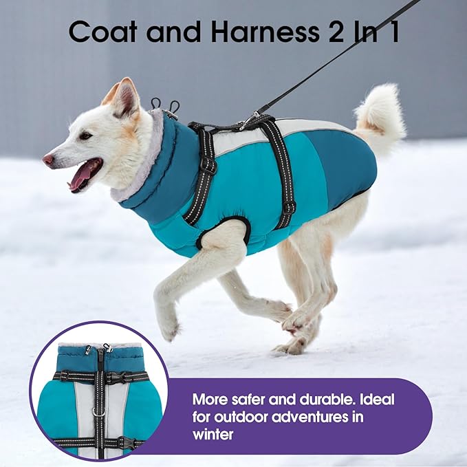 SUNFURA Small Dog Coat with Harness Built-in, Warm Dog Jacket with Zip, Reflective Winter Coat Pet Sweater Clothes for Small Dogs Schnauzer, Yorkshire Terrier, Shih Tzu, Turquoise S