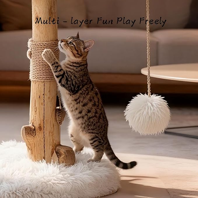 Modern Cat Tree Tower for Indoor Cats, Natural Solid Wooden Branch with Sisal Scratching Post, Log Style Cat Furniture with Perches Platform & Toy Ball