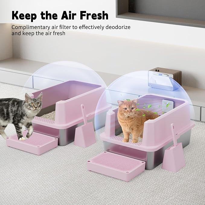 RIZZARI Stainless Steel Litter Box: Pink Leakproof Open Top Tray - Teflon Non-Stick Coating - Large Size Odor Control for Cats Under 20 lbs - with Deodorizer - 2 Pack - for Laundry Room Restroom