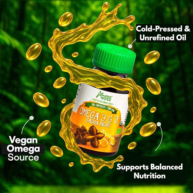 Amazon Andes Sacha Inchi Oil Capsules - Source of omegas 3, 6 and 9 - Healthier Source of Essential Fatty Acids - Vegan, Non-GMO, Allergen-free & Gluten Free - 100 Softgel Pills (500mg) - Made in Peru