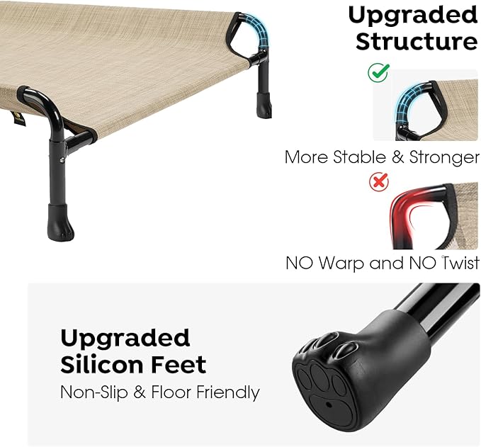 Veehoo Portable Elevated Dog Cot, 59" x 37" Extra Large Raised Cot for Large Dogs, With Breathable Mesh & Non-Slip Feet, Suitable for Outdoors & Camping, Beige & Coffee