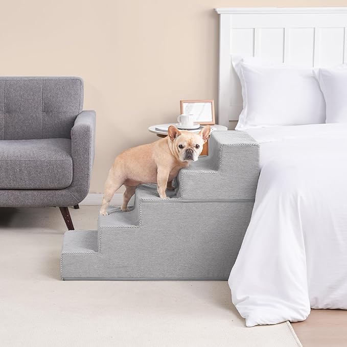 EHEYCIGA Dog Stairs for High Bed 25" H, 5-Step Extra Wide Dog Steps for Bed, Pet Steps for Small Dogs and Cats, Non-Slip Balanced Pet Ramp Indoor, Light Grey