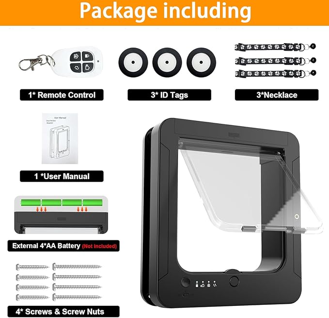 Smart Cat Door with 3 Collar Sensor & 1 Remote Control, Automatic Sensing Pet Door for Interior & Exterior, 4 Way Locking Cat Flap Pet Door with RFID Collar Activated Opening (Black)