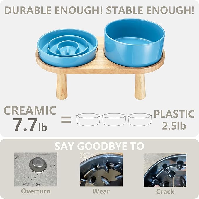 Ceramic Slow Feeder and Water Bowl Set for Medium and Large Dogs, 8.0inch Ceramic Dog Bowls Elevated with Wooden Stand, 2.0 Cups Dog Slow Feeder(30oz) and 70oz Water Bowl Set, Blue
