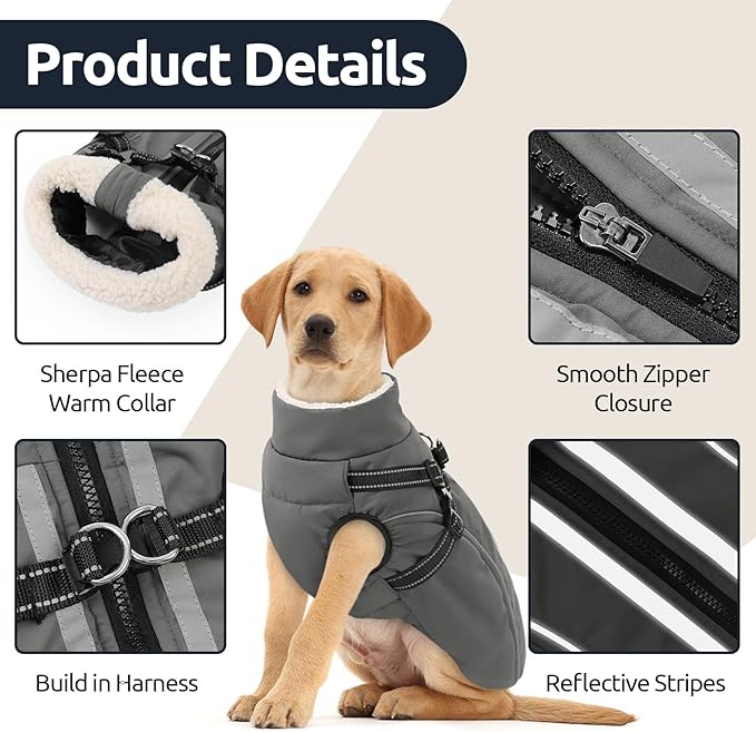 Dog Winter Coat with Harness Built in Warm Puffer Dog Jackets for Small Medium Large Dogs Windproof Waterproof Outfit with Plush Lining and Reflective Stripes (Grey, L)